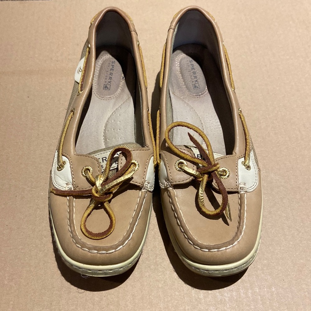 Gold and tan Sperry boat shoes